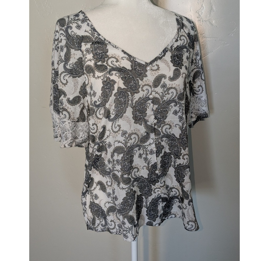 Retrology Large Sheer Paisley Blouse Lace Bell‎ Sleeves Boho